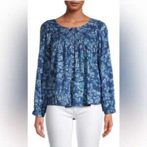 Free People Cool Meadow Blue Printed Peasant Blouse Sz M
